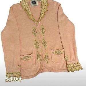 Vintage Storybook Knits Pink Floral Cardigan Sweater Women's XS